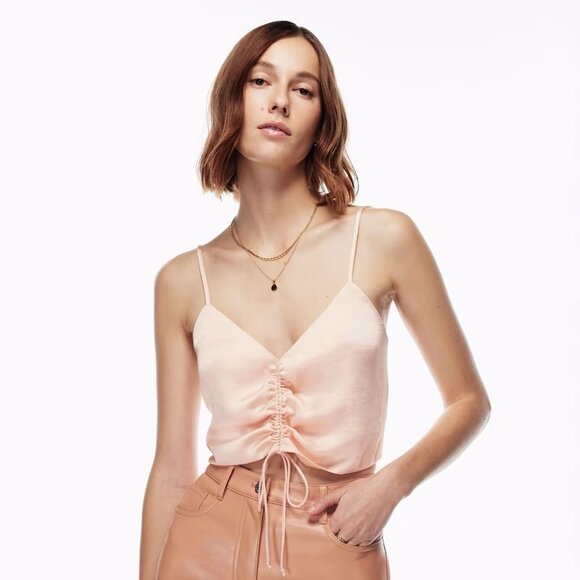 Aritzia Wilfred Womens Verso Camisole Coral Blush Satin Ruched Tank Top Sz Small - Picture 1 of 5